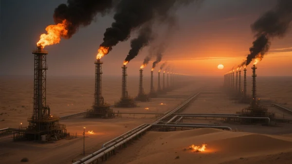 Immense champ pétrolifère au désert du Koweït au crépuscule, rangées de torchères enflammées, ciel orange foncé