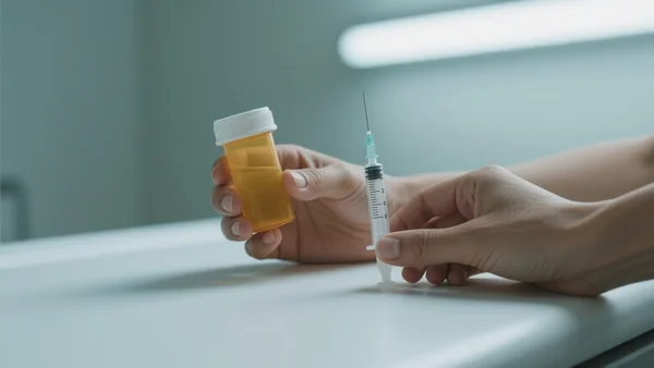 Gros plan sur des mains tenant un flacon de médicaments et une seringue sur une table d'examen blanche, lumière stérile d'hôpital