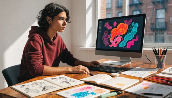 Étudiant assis devant un grand écran d'ordinateur dans un atelier lumineux, entouré de croquis et de carnets de croquis ouverts, lumière naturelle provenant d'une fenêtre, vue de trois quarts