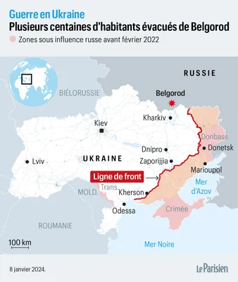 Carte de la région de Belgorod ciblée par Kiev montrant la ligne de front, datée du 8 janvier 2024.