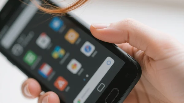 Main tenant un smartphone Android, le doigt appuyé longuement sur le bouton latéral de l'appareil, fond d'écran d'écran d'accueil flou en arrière-plan