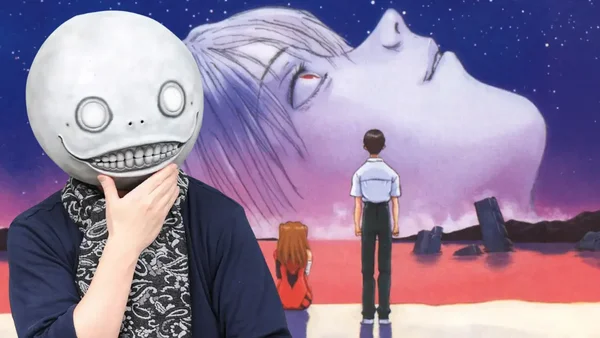 Une personne portant le masque emblématique de Yoko Taro devant une illustration de ciel étoilé.