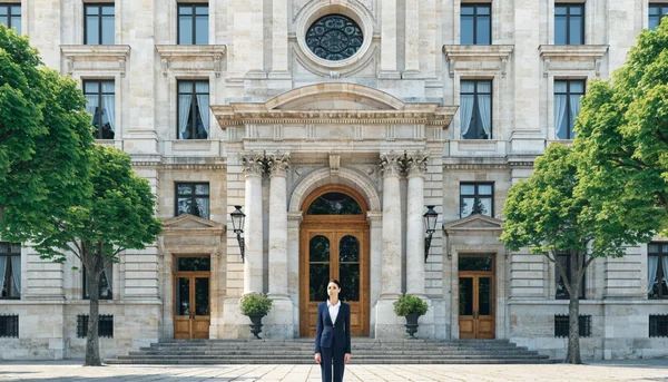 Façade classique de l'École nationale de la magistrature à Bordeaux, bâtiment en pierre claire, ciel bleu, arbres verts en façade