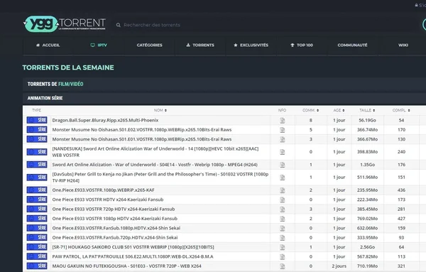 Liste de torrents de films affichée sur la page d'accueil du site YGGTorrent