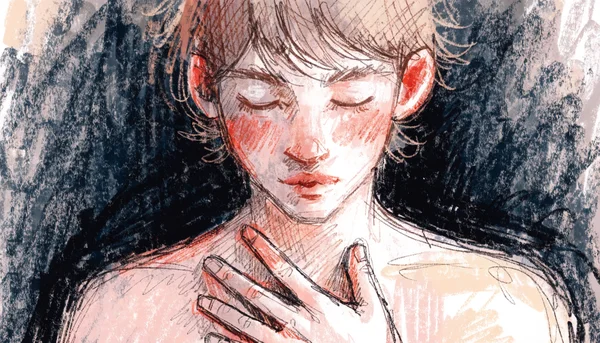 Vue rapprochée d'un torse masculin, main posée sur la poitrine au niveau du cœur, arrière-plan sombre et flou, atmosphère d'inquiétude et de questionnement silencieux