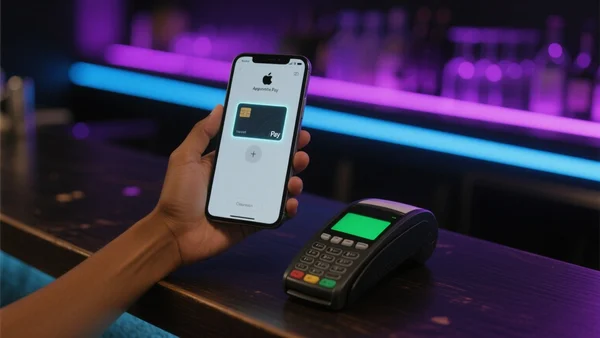 Vue rapprochée d'une main tenant un smartphone avec Apple Pay affiché à l'écran face à un terminal de paiement dans un bar sombre éclairé par des lumières néon violettes et bleues, ambiance nocturne festive