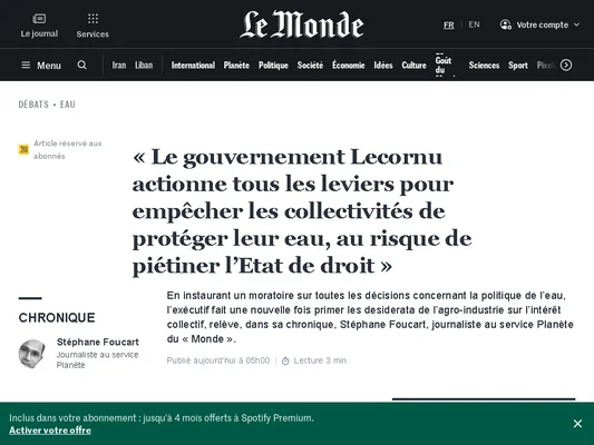 Une chronique de Stéphane Foucart dans Le Monde sur le gouvernement Lecornu et la protection de l'eau.