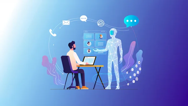 Utilisateur interagissant avec une interface IA et un avatar numérique sur fond bleu dégradé.