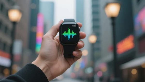 Vue en gros plan d'une main tenant une smartwatch avec un affichage visuel de forme d'onde audio s'animent sur l'écran, fond flou urbain