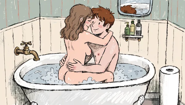 Pénétration vaginale en position assise dans une baignoire, homme et femme nus face à face, éclaboussures d'eau