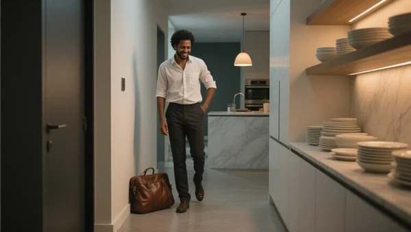 Un homme rentre du travail dans une entrée moderne, laissant son sac, et découvre avec un sourire fatigué une cuisine impeccable et une vaisselle propre étincelante sous la lumière tamisée