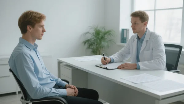 Patient assis face à un médecin dans un cabinet médical lumineux, consultation en cours, documents posés sur le bureau