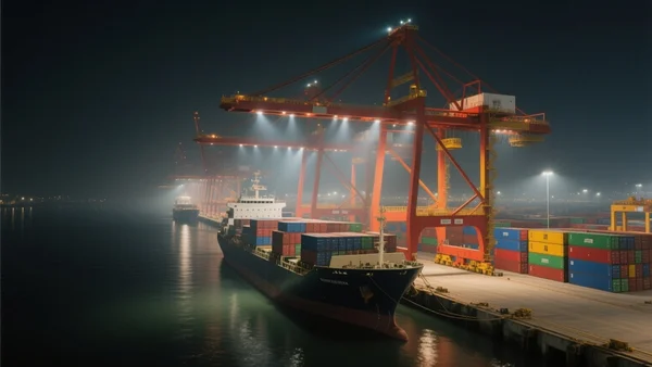 Vue de nuit d'un port maritime chinois moderne, grues de chargement géantes éclairées, conteneurs empilés à perte de vue, navire cargo amarré
