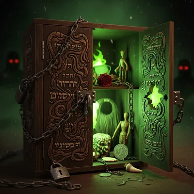 Une armoire en bois sculpté avec des inscriptions hébraïques et un intérieur lumineux.