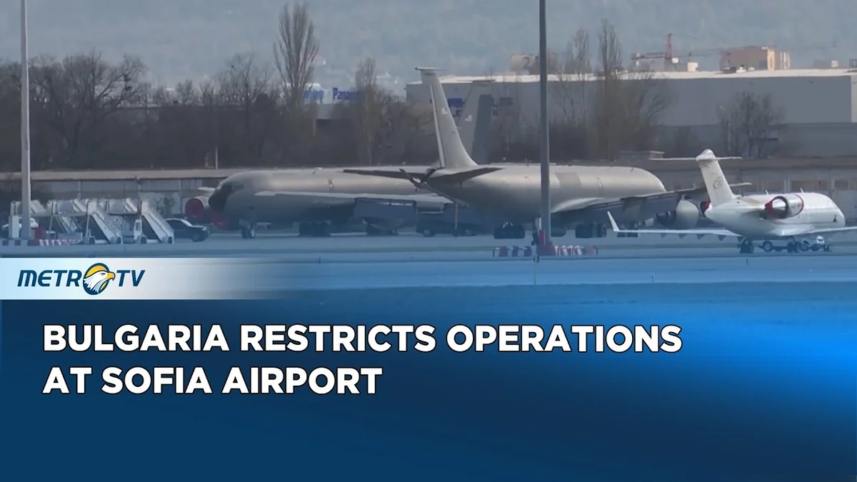 Diffusion de METRO TV montrant des avions sur le tarmac avec le titre 'BULGARIE RESTREINT LES OPÉRATIONS À L'AÉROPORT DE SOFIA'
