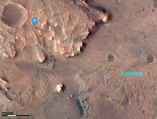Trajet de l'hélicoptère de la NASA sur Mars jusqu'au vol #44 indiqué sur une carte satellite.