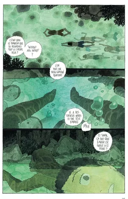 Des personnages nagent dans une eau verdâtre tandis que des alligators se trouvent sous la surface.