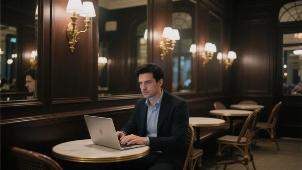 Journaliste assis dans un restaurant parisien en soirée, ordinateur portable ouvert sur la table, lumière tamisée des appliques murales, ambiance intime de brasserie