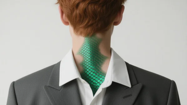 Silhouette humaine en costume élégant vue de dos, la peau du cou commençant à se transformer en écailles vertes et reptiliennes