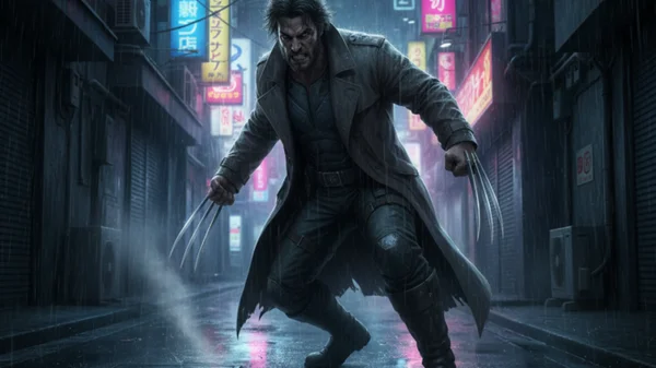 Wolverine en long manteau, griffes sorties, dans une ruelle sombre éclairée par des néons, illustration de Marvel's Wolverine.
