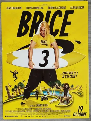 Affiche de Brice 3 featuring Jean Dujardin en tenue tropicale avec une planche de surf, entouré de scènes en fond.
