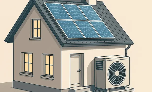 Illustration schématique d'une maison verte équipée de panneaux solaires et d'une pompe à chaleur