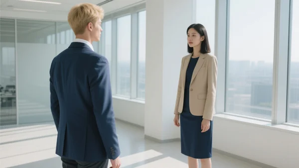 Jeune homme et femme debout face à face dans un bureau lumineux, portant des vêtements professionnels élégants mais abordables : un blazer bleu marine ajusté et une chemise blanche pour lui, une robe midi et un blazer beige pour elle