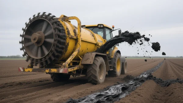 Vue en gros plan d'un épandeur agricole déversant des boues d'épuration sombres et épaises sur un champ de labour, ciel gris menaçant