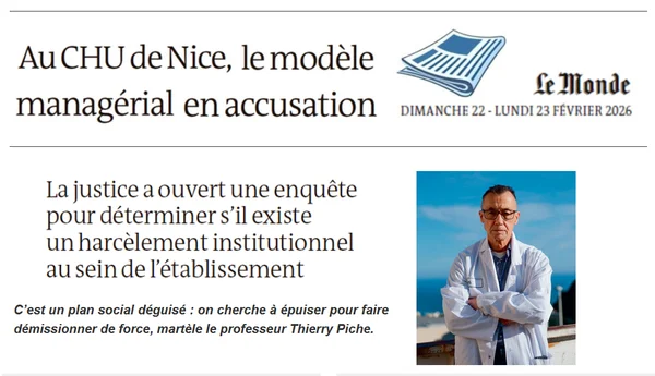 Une du journal Le Monde mettant en accusation le modèle managérial du CHU de Nice