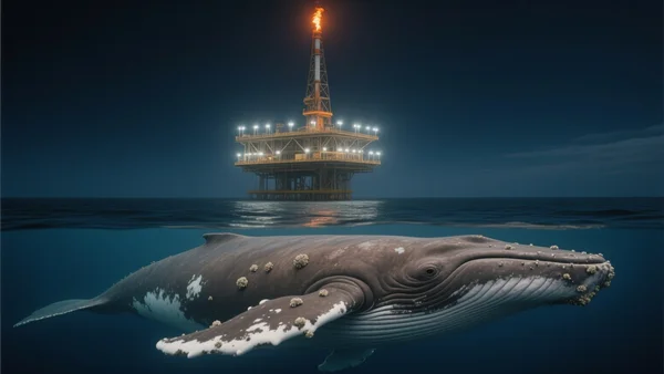 Baleine nageant dans des eaux sombres du golfe du Mexique, à l'arrière-plan une plateforme pétrolière illuminée cracheant une flamme, contraste entre la masse silencieuse de l'animal et l'industrie lourde