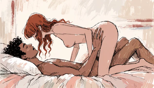 Position 69, couple allongé tête-bêche se stimulant mutuellement par la bouche