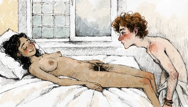 Couple nu allongé sur un lit, partenaire masculin debout, regardant la zone du pubis de la femme qui porte un piercing vertical clitoridien