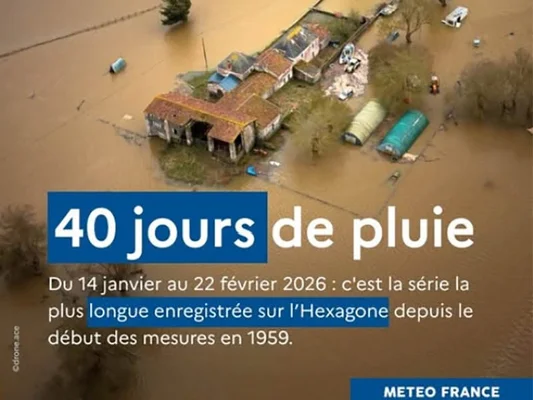 Vue aérienne d'une zone inondée, notant la plus longue série de pluies en France depuis 1959.