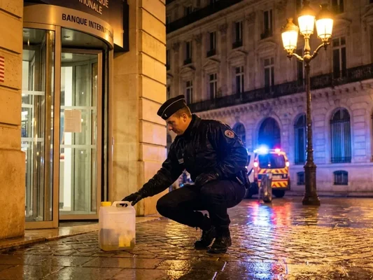 Un officier examinant un engin suspect devant une banque parisienne lors de l'attentat déjoué.