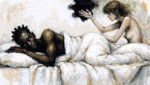 Un couple nu allongé sur un lit blanc, l'homme regardant intensément sa partenaire pendant qu'elle caresse le torse d'une silhouette floue en arrière-plan, lumière douce et intime