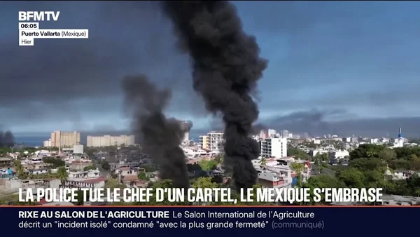 Épaisse fumée noire s'élevant sur la ville de Puerto Vallarta.