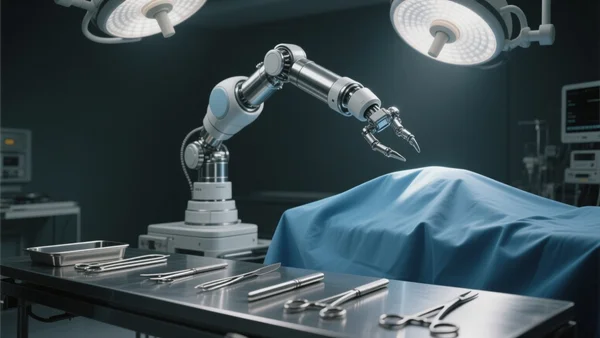Bras robotique chirurgical au-dessus d'une table d'opération, lumière bleue stérile et instruments métalliques brillants