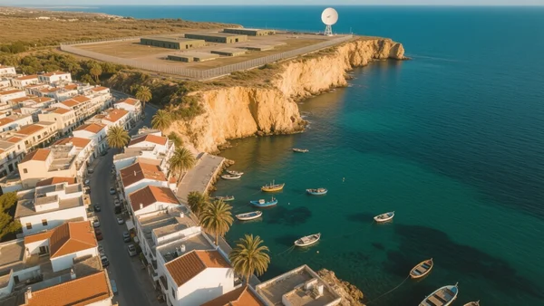 Vue aérienne des côtes rocheuses de Chypre avec une ville méditerranéenne au premier plan et une base militaire lointaine