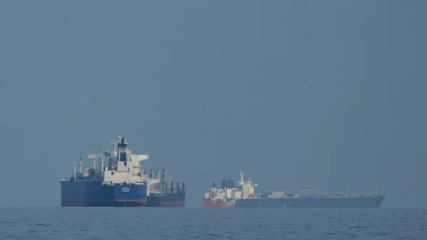 Une flotte de navires cargos à l'ancre dans un port, atteste de l'importance du trafic maritime marchand.