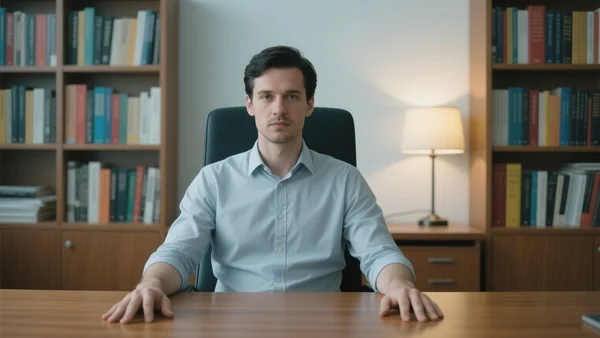 Homme en chemise boutonnée assis dans un bureau universitaire, regardant la caméra avec calme, étagères de livres en arrière-plan, lumière douce de bureau