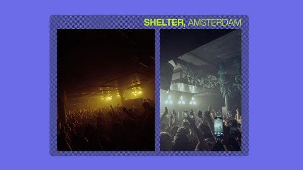 Deux vues d'un concert au 'SHELTER, AMSTERDAM' montrant une salle bondée.