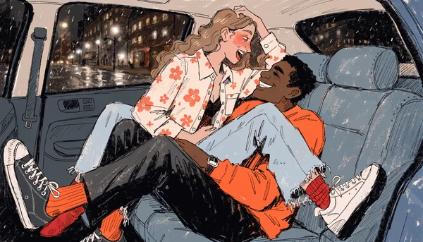 Pénétration vaginale dans une voiture garée dans un endroit isolé la nuit, la femme assise sur les genoux de l'homme face à lui, vêtements en désordre