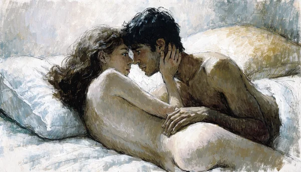 Couple nu allongé sur un lit, se regardant intensément dans les yeux, l'un posant doucement sa main sur la joue de l'autre, atmosphère intime et sérieuse