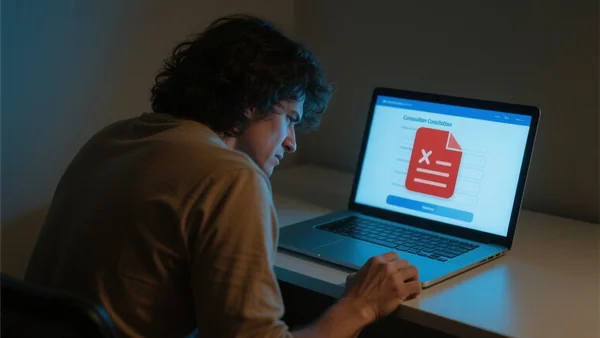 Écran d'ordinateur affichant un formulaire de consultation numérique bloqué par une icône de fichier Excel rouge, avec au premier plan une silhouette de citoyen frustrée devant son ordinateur portable