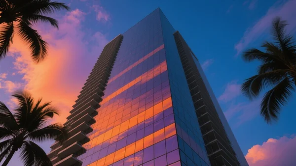 Vue en contre-plongée d'une tour de verre moderne au coucher du soleil à Miami, reflets orange et violet sur la façade, palmiers en silhouette au premier plan