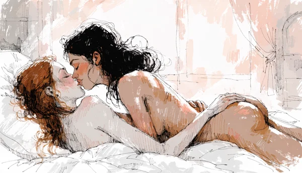 Deux femmes nues enlacées sur un lit blanc, torsos en contact, visages rapprochés dans un baiser, lumière naturelle tamisée