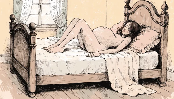 Femme nue allongée sur le dos sur un lit, mains posées de chaque côté de son ventre gonflé, exprimant l'inconfort