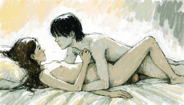 Pénétration vaginale en missionnaire, homme et femme nus, femme tient le bras de l'homme pour lui faire signe d'arrêter