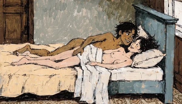 Couple nu enlacé dans un lit après une soirée, en train de se parler face à face dans l'intimité de leur chambre