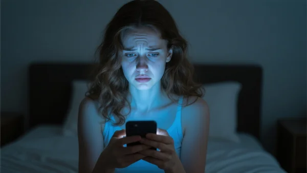 Personne regardant un écran de smartphone dans une pièce sombre, lumière bleue du téléphone sur le visage, expression d'inquiétude